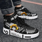 Anime Luffy and Zoro One Piece high top sneakers by Infinite Visibility, featuring colorful character graphics on stylish footwear.