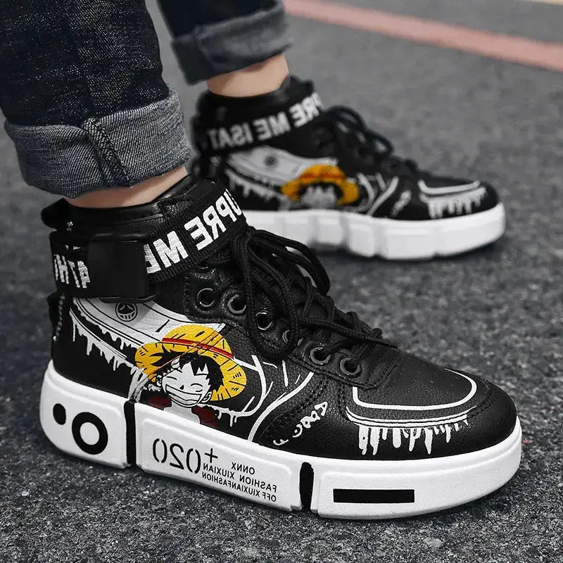 Anime Luffy and Zoro One Piece high top sneakers by Infinite Visibility, featuring colorful character graphics on stylish footwear.
