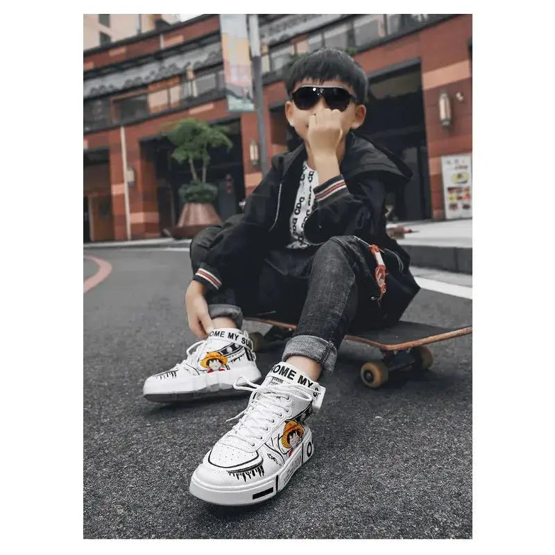 Anime Luffy and Zoro high top sneakers by Infinite Visibility featuring vibrant character designs and detailed martial arts motifs.