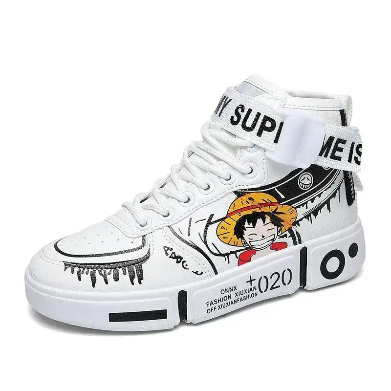 Anime-inspired Luffy and Zoro high top sneakers by Infinite Visibility, featuring colorful character designs on stylish sneakers.