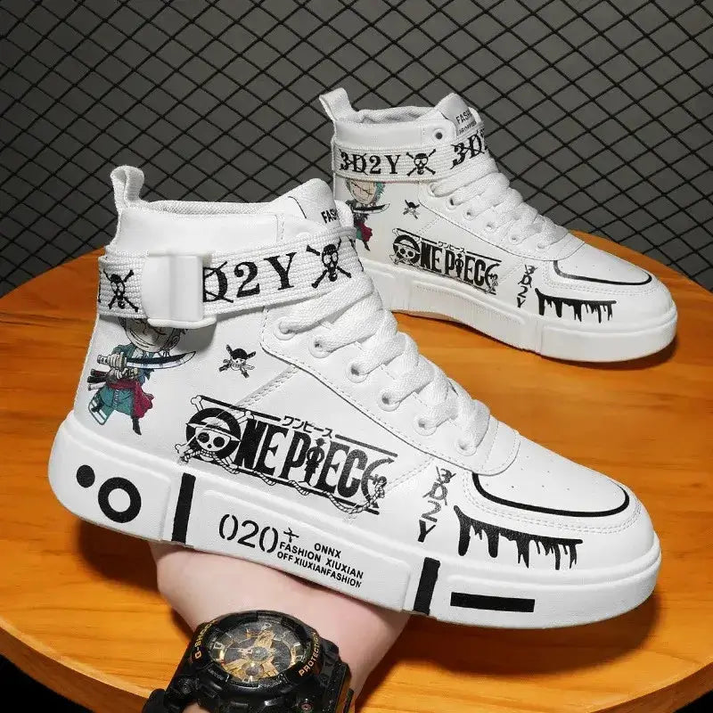 Anime Luffy and Zoro inspired high top sneakers by Infinite Visibility, featuring character artwork on stylish sneakers.