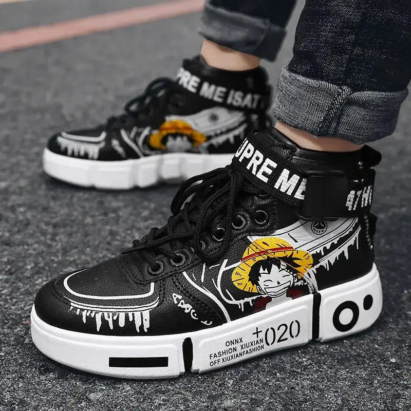 Anime-themed Luffy and Zoro high top sneakers by Infinite Visibility featuring vibrant character artwork and bold design.