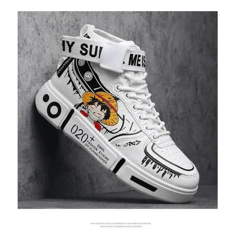 Anime-inspired Luffy high top sneakers with Zoro design from Infinite Visibility, featuring bold character artwork and vibrant colors.