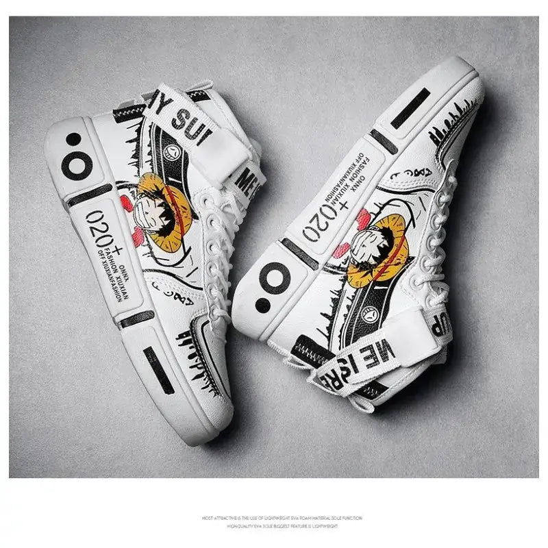 Anime Luffy and Zoro high top sneakers by Infinite Visibility, featuring vibrant designs inspired by One Piece characters.