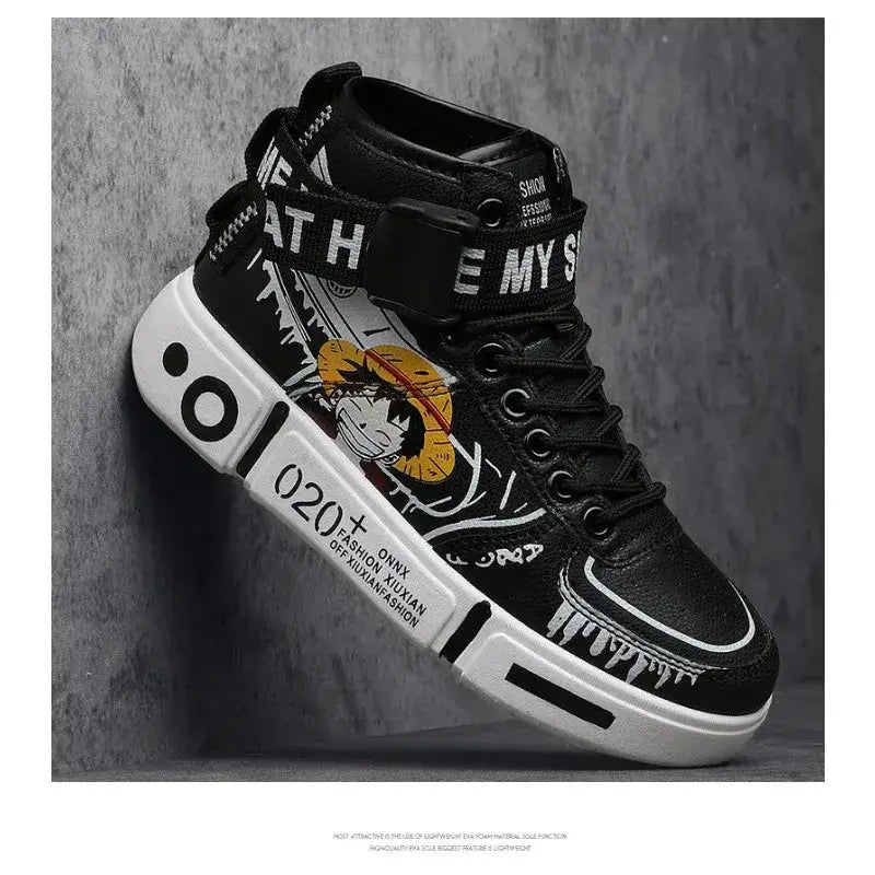 Anime Luffy and Zoro themed high top sneakers by Infinite Visibility, featuring characters from One Piece in vibrant design.