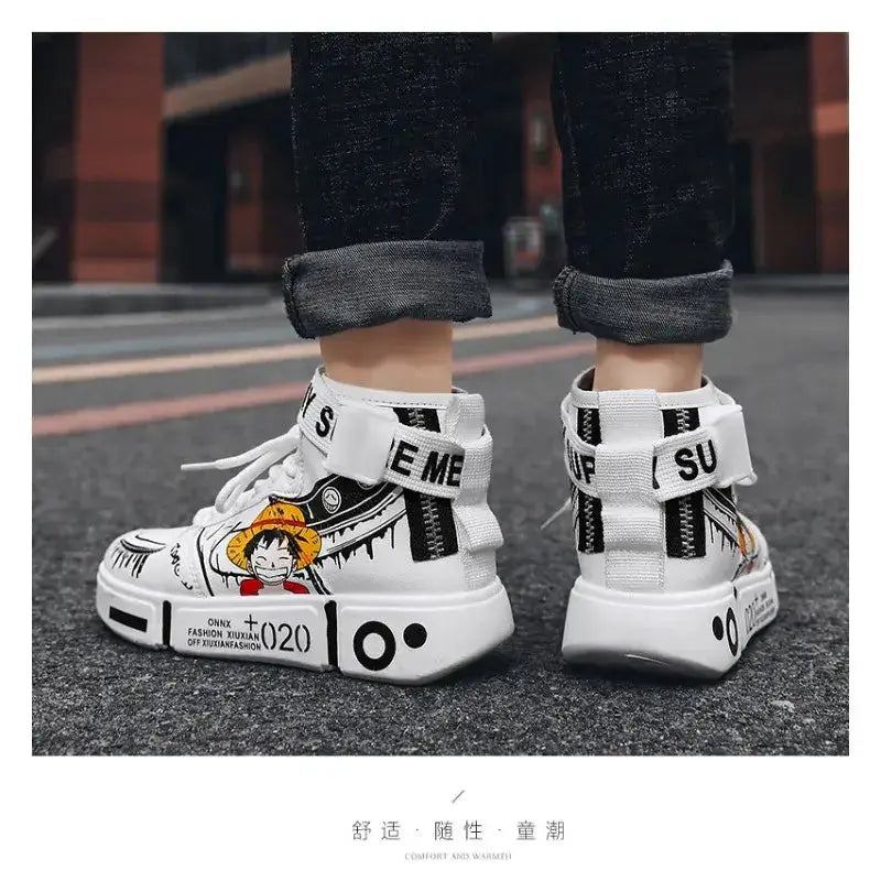 Anime Luffy and Zoro themed high top sneakers by Infinite Visibility, featuring vibrant design and character artwork from One Piece.