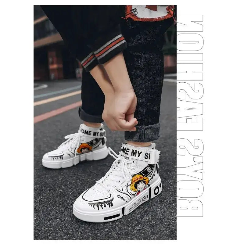 Anime-inspired Luffy high top sneakers by Infinite Visibility featuring Zoro design, stylish footwear perfect for fans of One Piece.