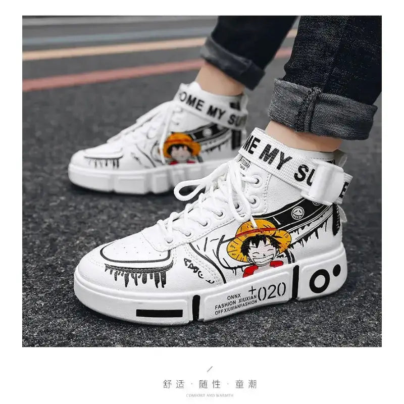 Anime-inspired high top sneakers featuring Luffy and Zoro from One Piece, designed by Infinite Visibility, with vibrant character artwork.