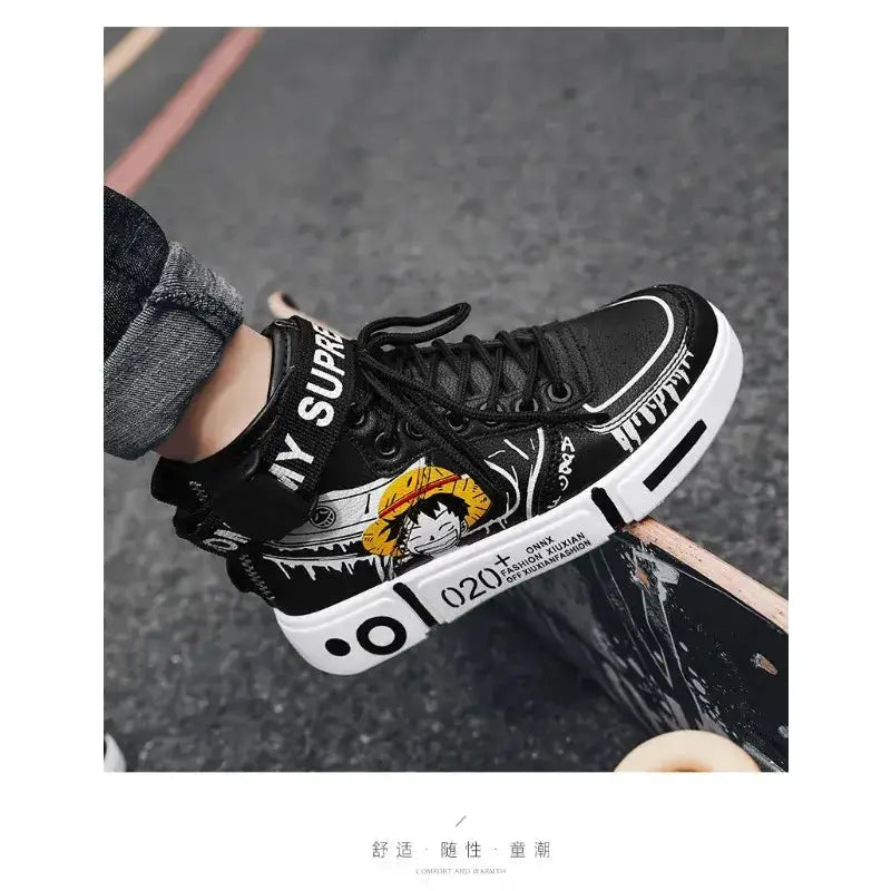 Anime Luffy and Zoro high top sneakers by Infinite Visibility, featuring vibrant character designs on classic sneaker style