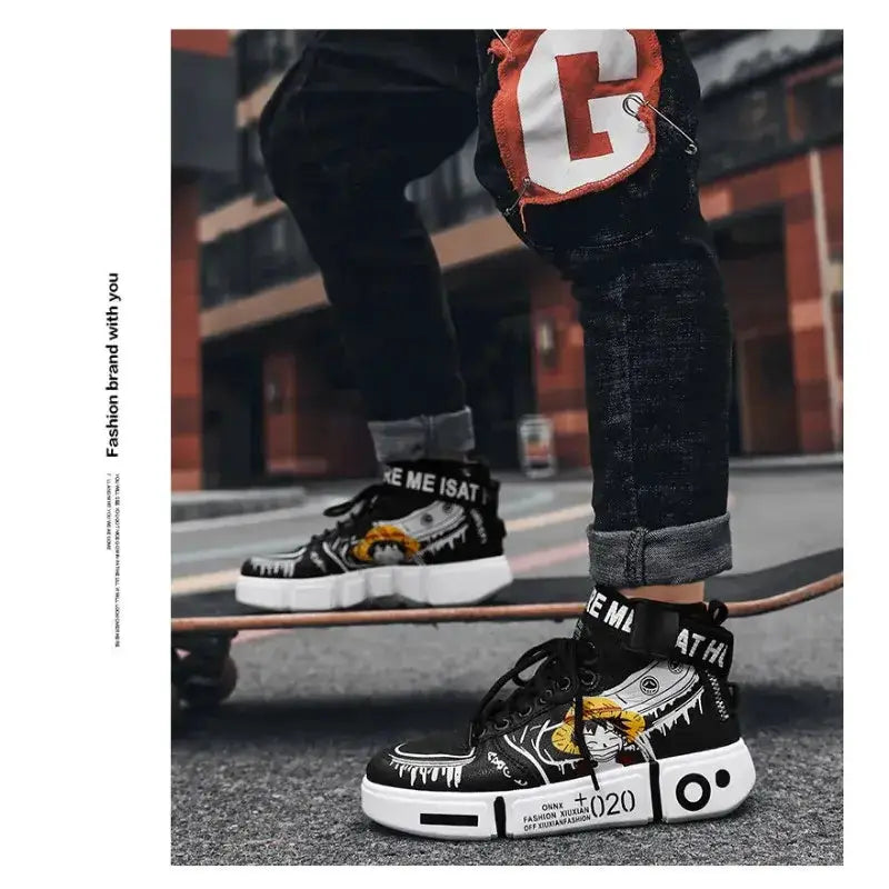 Anime-inspired One Piece Luffy high top sneakers by Infinite Visibility featuring vibrant Zoro design and bold character graphics.