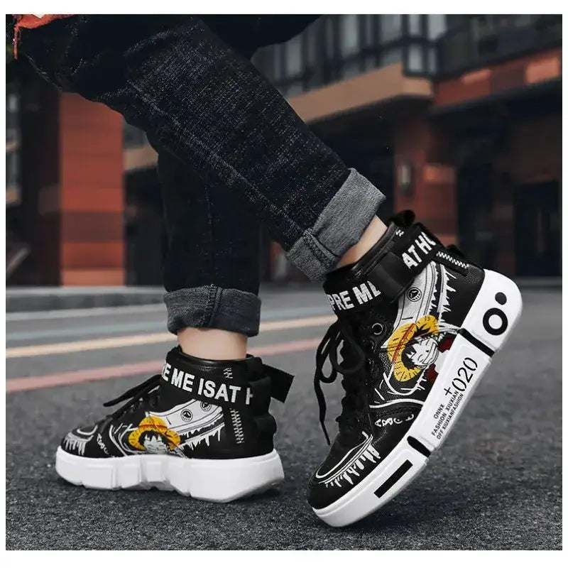 Anime sneakers featuring One Piece Luffy and Zoro design, high-top shoes by Infinite Visibility with vibrant character artwork.