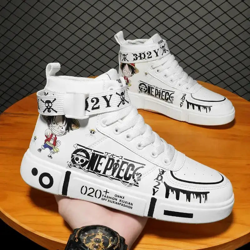 Anime-inspired Luffy high top sneakers featuring bold design, from Infinite Visibility, perfect for fans of One Piece characters.