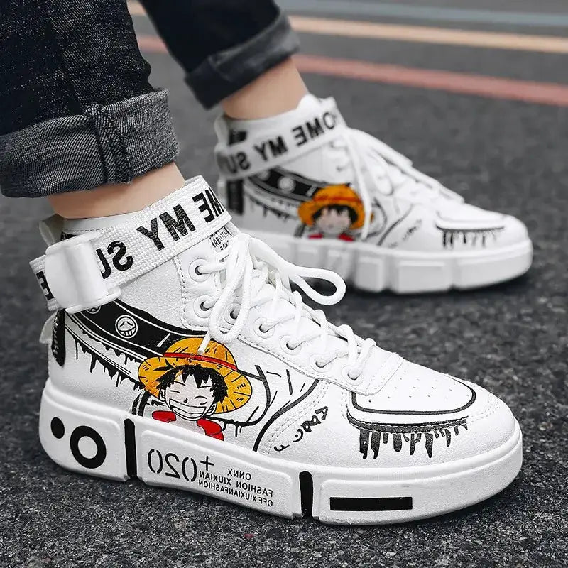 Anime Luffy and Zoro themed high top sneakers from Infinite Visibility featuring vibrant character designs and detailed artwork.