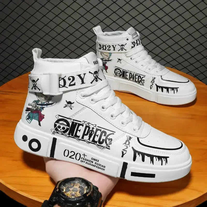 Anime-inspired Luffy high top sneakers by Infinite Visibility featuring Zoro design, with bold character graphics on black footwear.