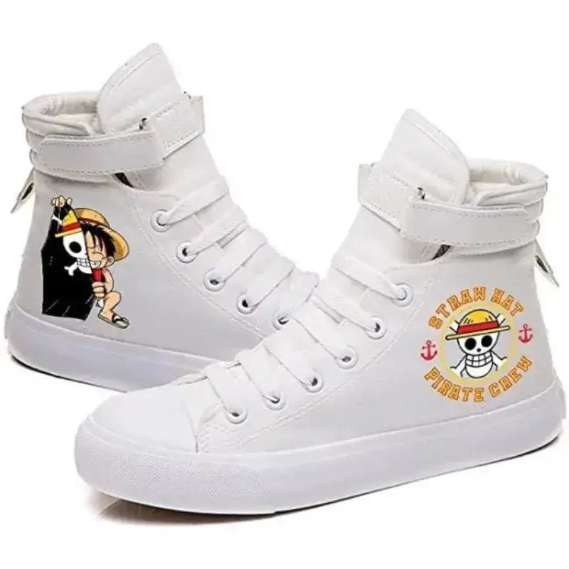 High-top Luffy anime sneakers by Infinite Visibility, autumn winter footwear with bold design and character-inspired details.