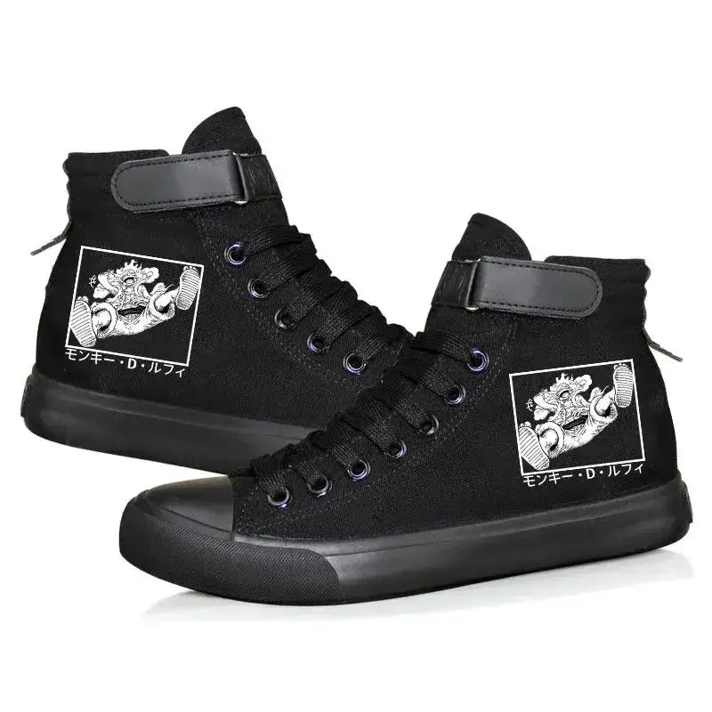Anime-inspired Luffy high top sneakers by Infinite Visibility featuring orange and black design for autumn winter wear.