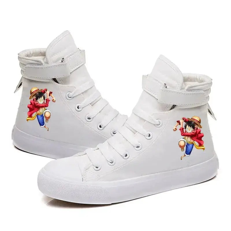 Anime Luffy high top sneakers in autumn winter style, featuring bold design and comfortable fit from Infinite Visibility.