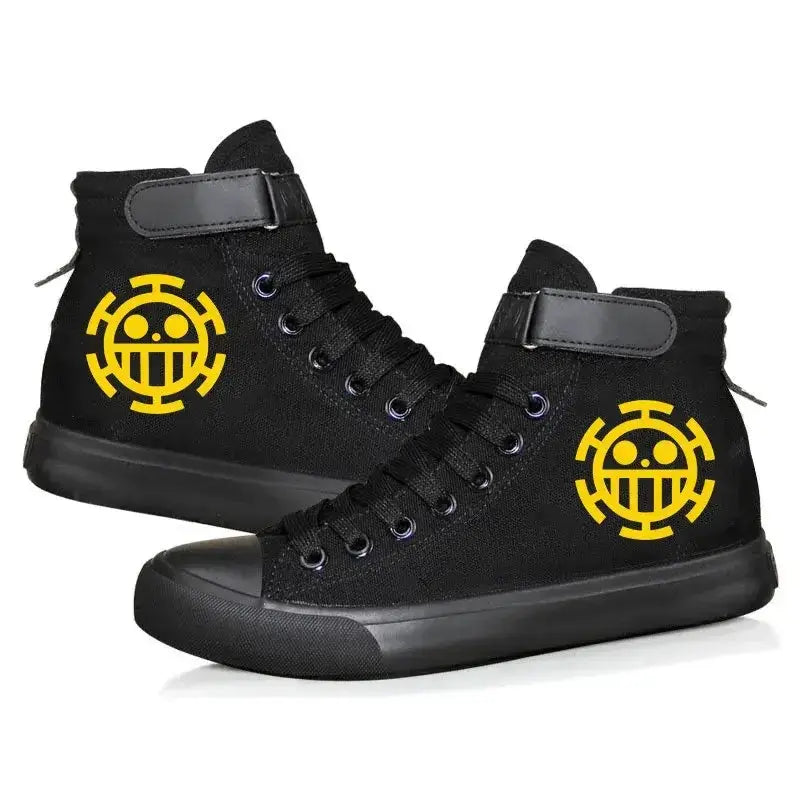 Black and red Luffy-themed high top sneakers from Infinite Visibility featuring anime character design for autumn winter wear.