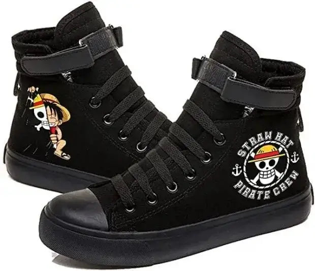 Anime Luffy high top sneakers by Infinite Visibility featuring autumn and winter-themed design, perfect for fans of One Piece.