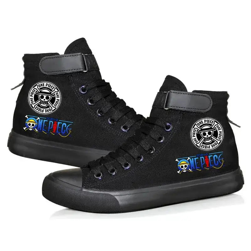 Anime Luffy high top sneakers by Infinite Visibility featuring character-themed design for autumn and winter wear.