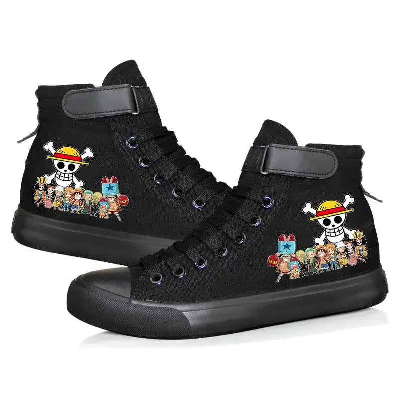 Anime Luffy high top sneakers by Infinite Visibility, autumn winter-themed shoes with character design and vibrant colors.