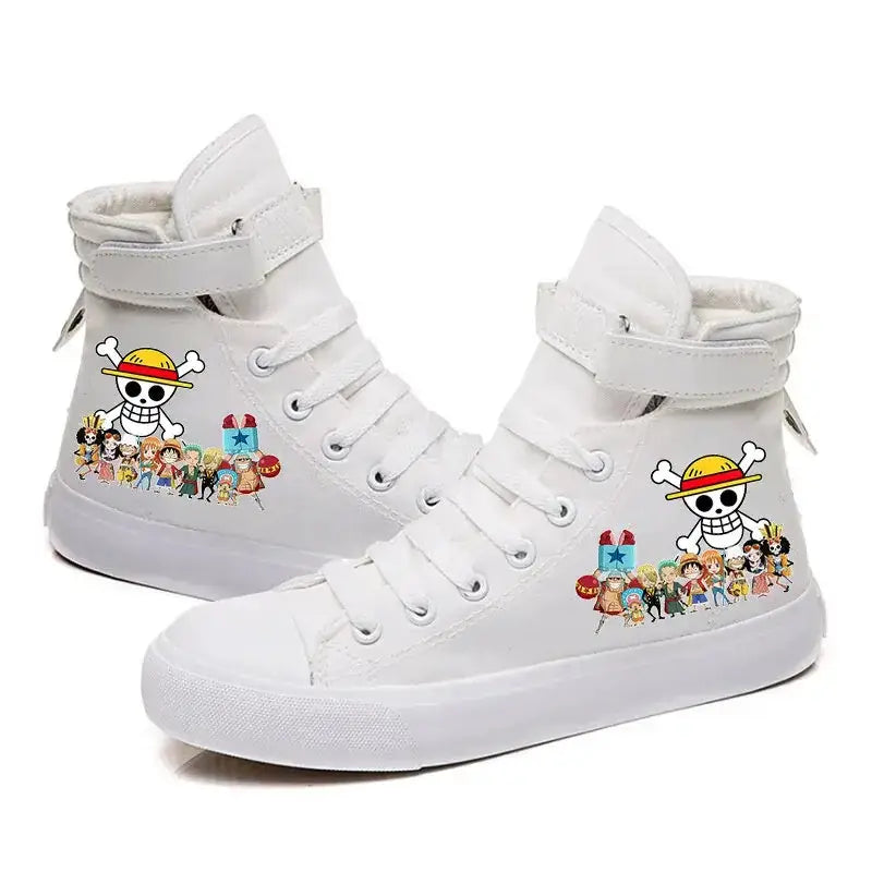 Red and black One Piece Luffy high top sneakers by Infinite Visibility, featuring anime-inspired design for autumn and winter wear.