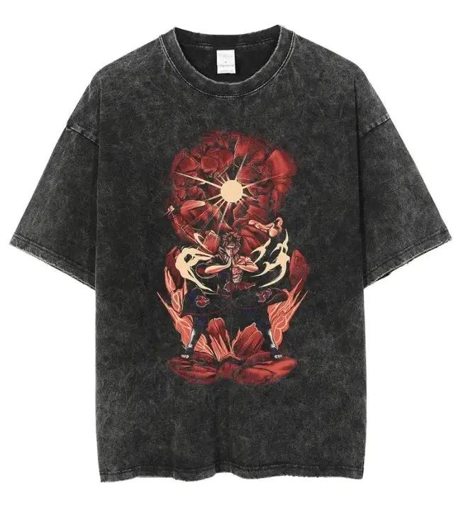 Uchiha Sasuke T-shirt by Infinite Visibility featuring a retro washed oversized anime design on a casual black T-shirt.