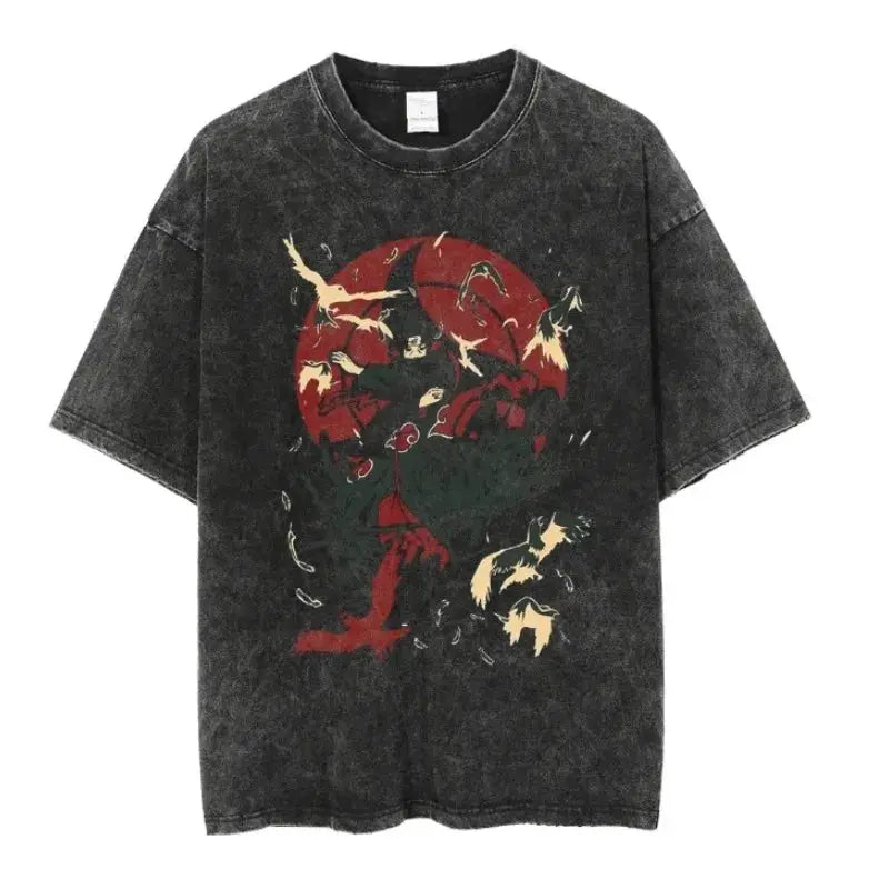 Uchiha Sasuke oversized anime T-shirt by Infinite Visibility featuring a retro washed design and Sasuke's character artwork.