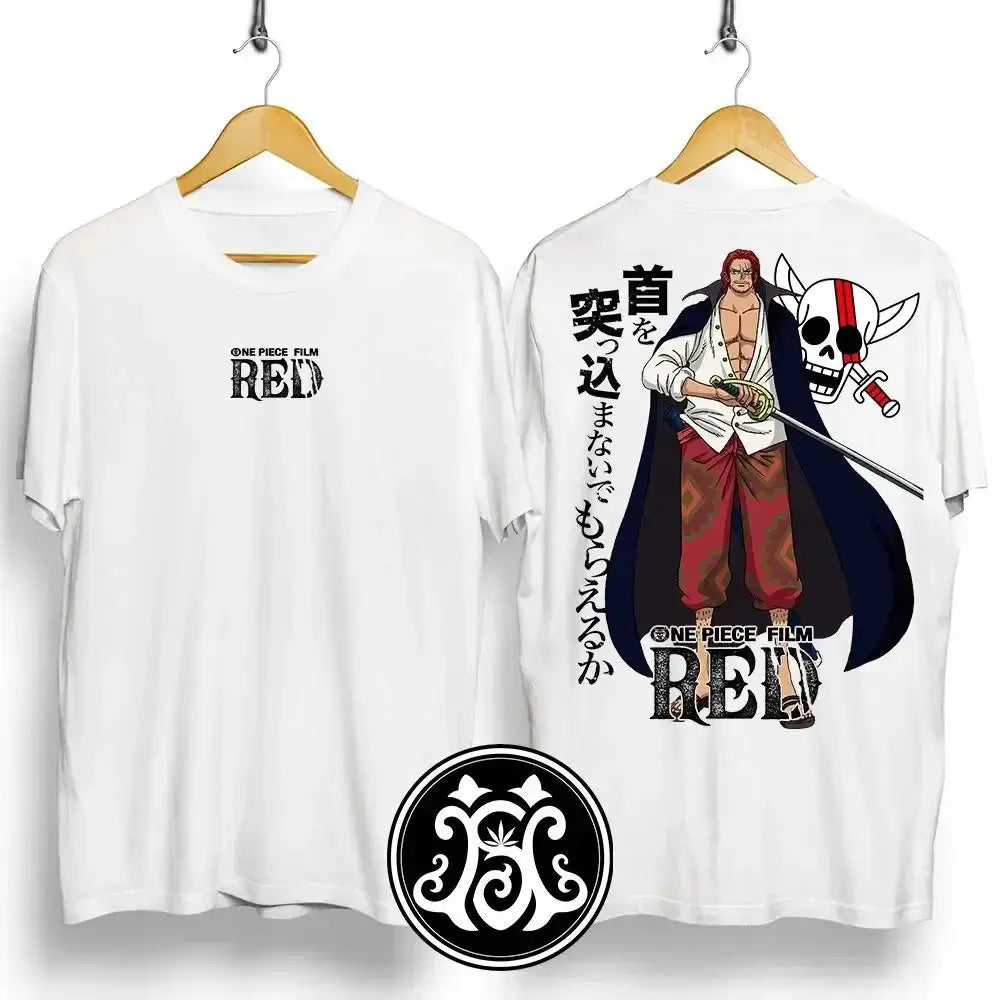 Casual summer anime T-shirt featuring Shanks from One Piece, made by Infinite Visibility, displayed on a flat lay.