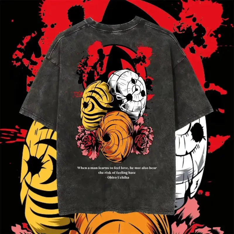 Vintage washed Obito Uchiha T-shirt from Infinite Visibility featuring anime streetwear style with bold character graphic.