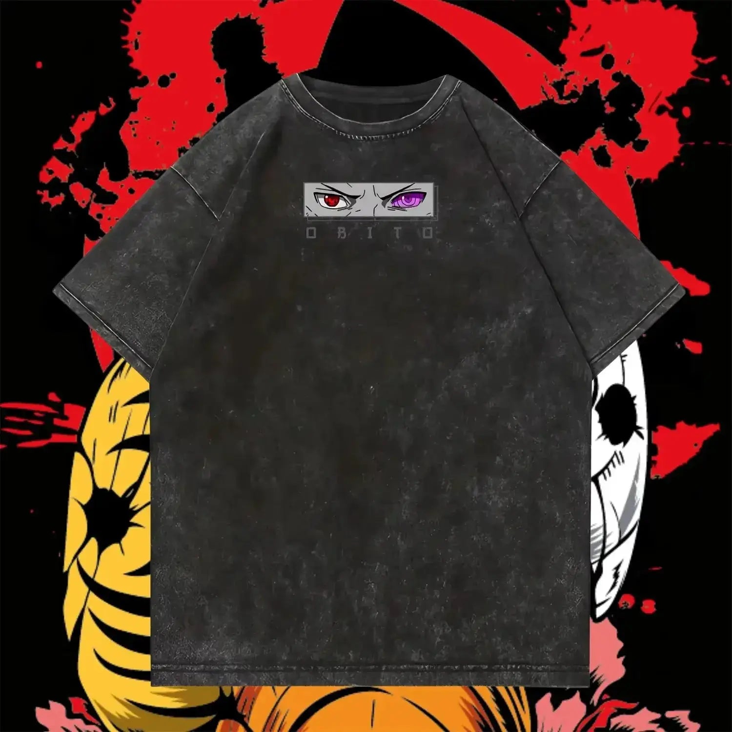 Vintage washed Obito Uchiha T-shirt from Infinite Visibility featuring anime streetwear design, shown on a model.