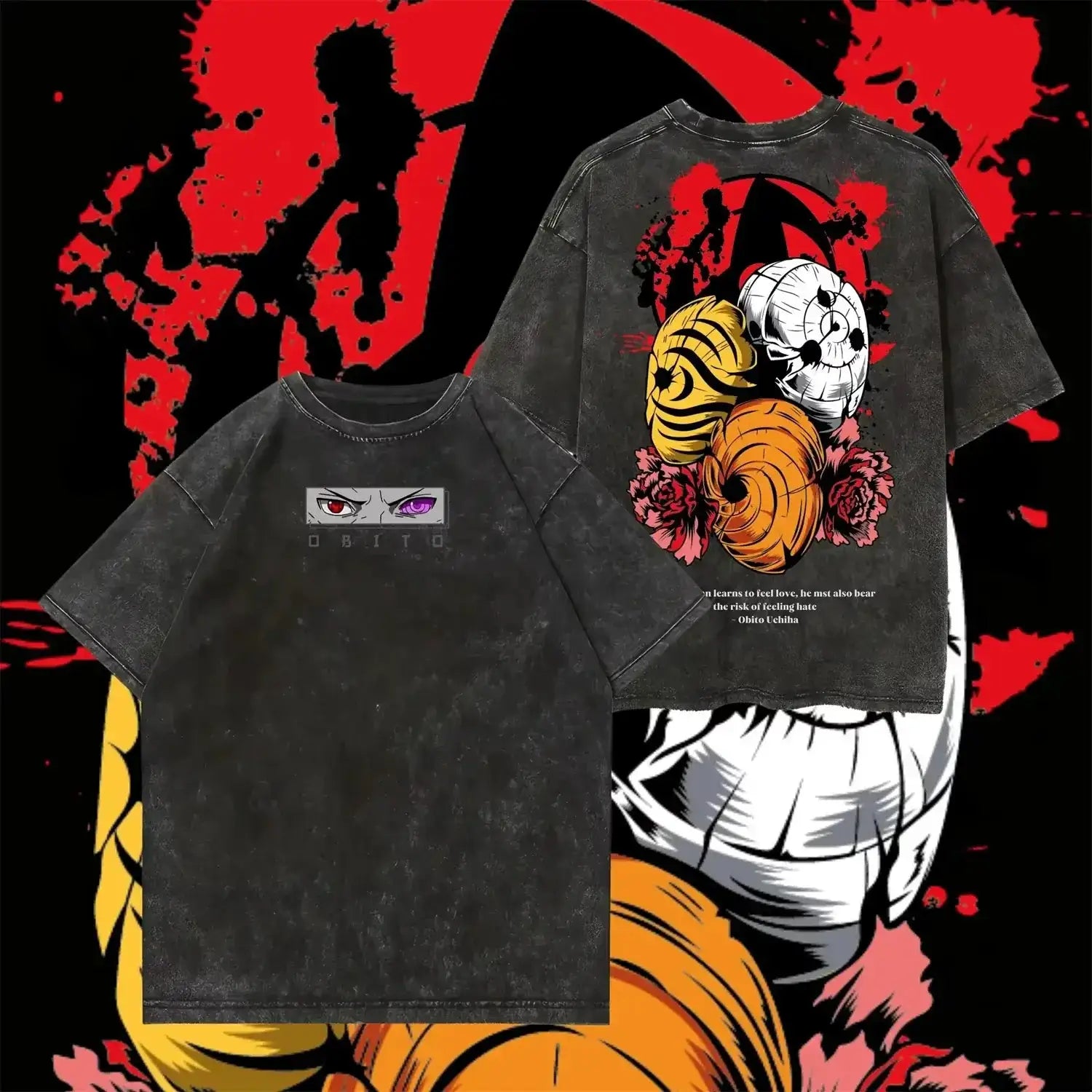 Vintage washed Obito Uchiha T-shirt from Infinite Visibility featuring anime streetwear style, displayed on a hanger.