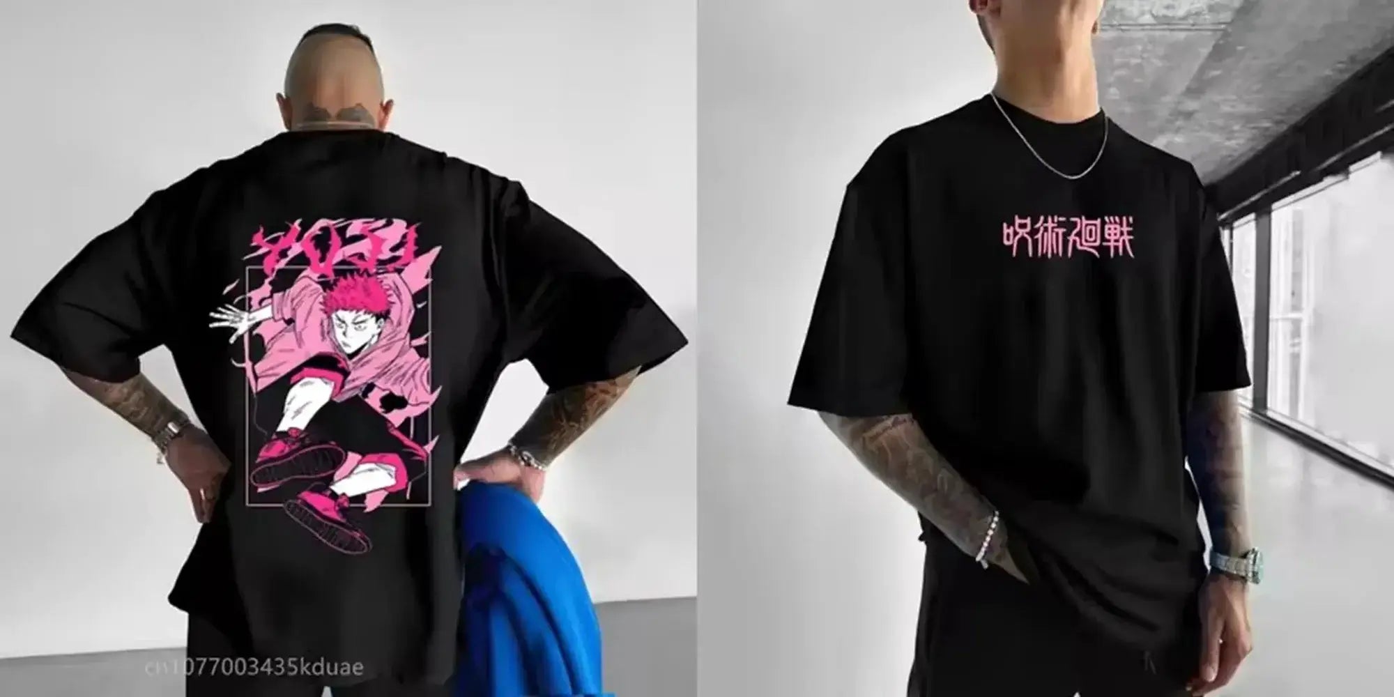 Men's Jujutsu Kaisen graphic T-shirt by Infinite Visibility featuring anime character illustration on black fabric.