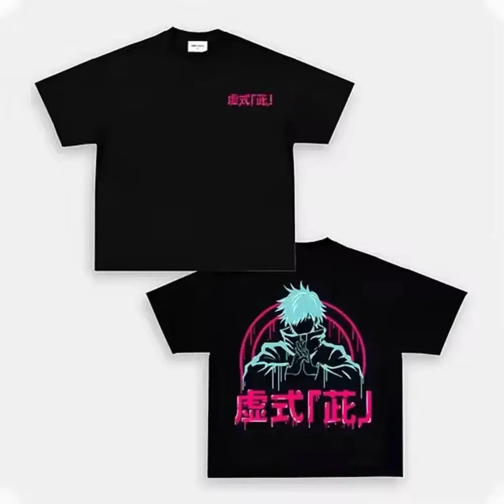 Men's Jujutsu Kaisen graphic T-shirt by Infinite Visibility featuring anime-inspired design on black fabric.