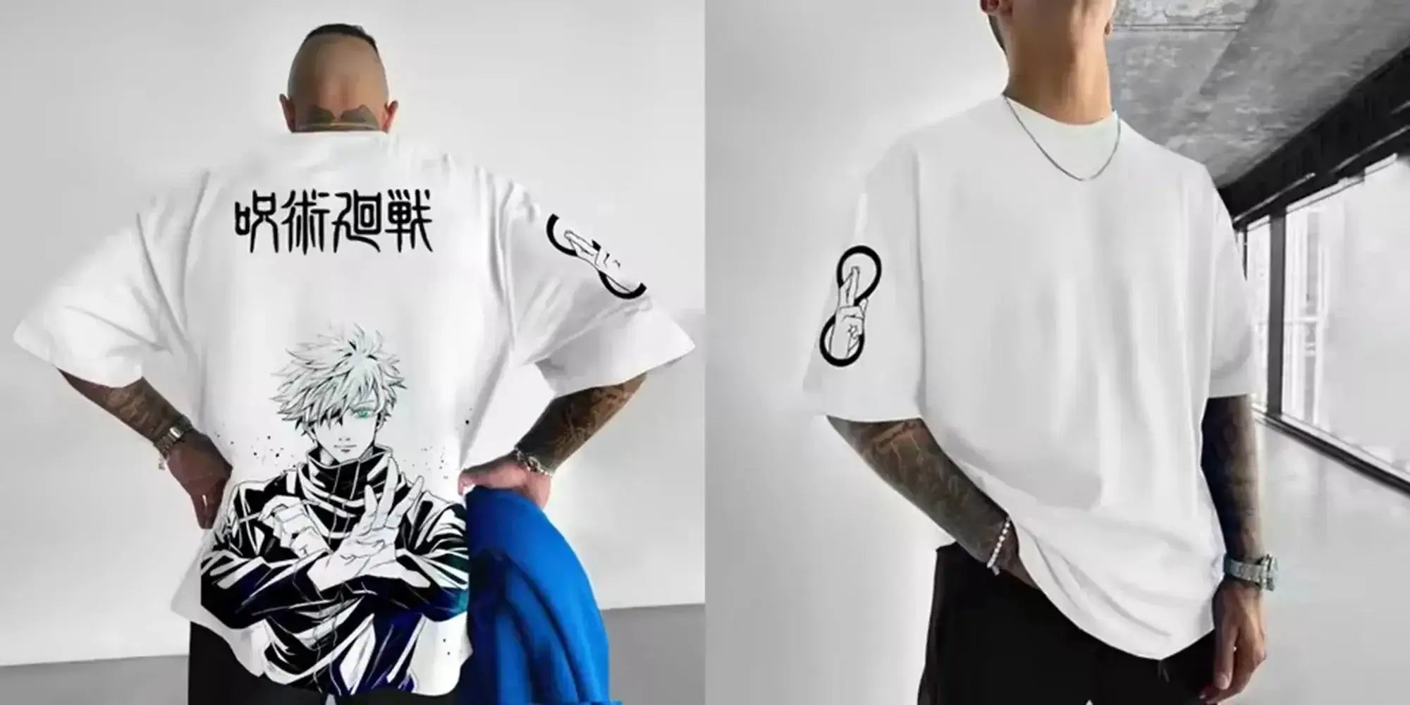 Men's Jujutsu Kaisen T-shirt featuring anime graphic print, branded by Infinite Visibility, showcasing vibrant character artwork.