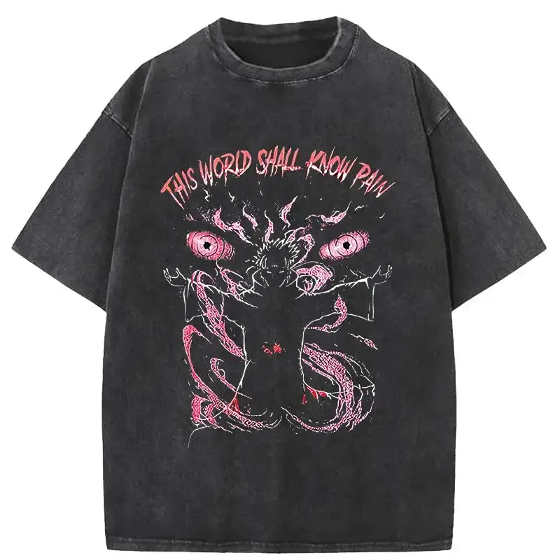 Infinite Visibility Pain printed anime T-shirt with retro washed cotton fabric, featuring bold graphic design on the front.