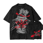 Vintage washed Jujutsu Kaisen CHOSO T-shirt from Infinite Visibility, displayed on a hanger in a vibrant Harajuku street scene.