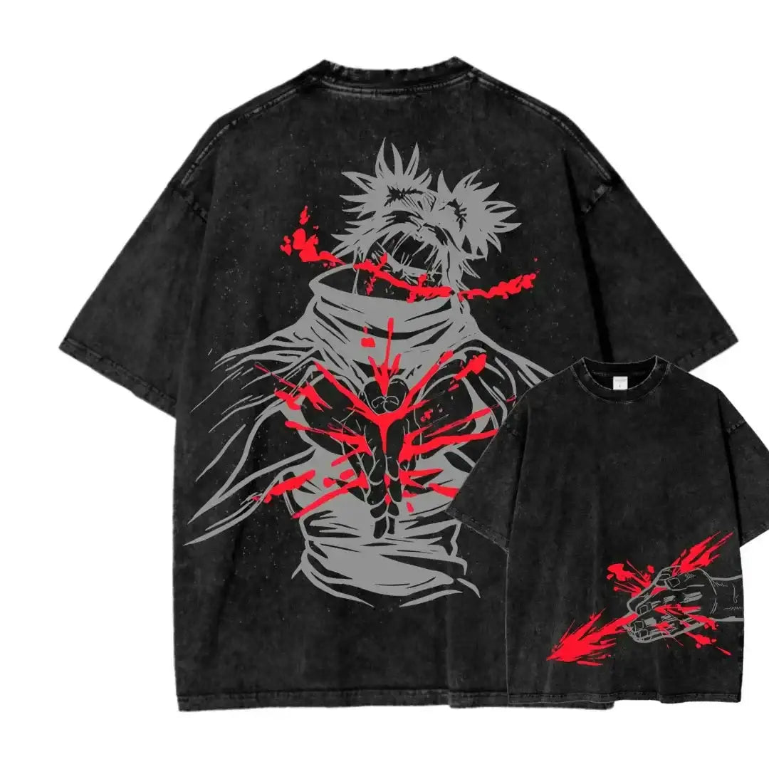 Vintage washed Jujutsu Kaisen CHOSO T-shirt from Infinite Visibility, displayed on a hanger in a vibrant Harajuku street scene.