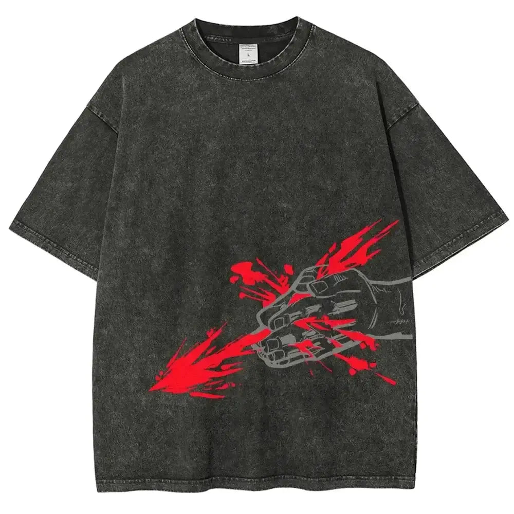 Vintage washed Jujutsu Kaisen CHOSO T-shirt by Infinite Visibility featuring bold graphic design, worn in a vibrant Harajuku street scene.