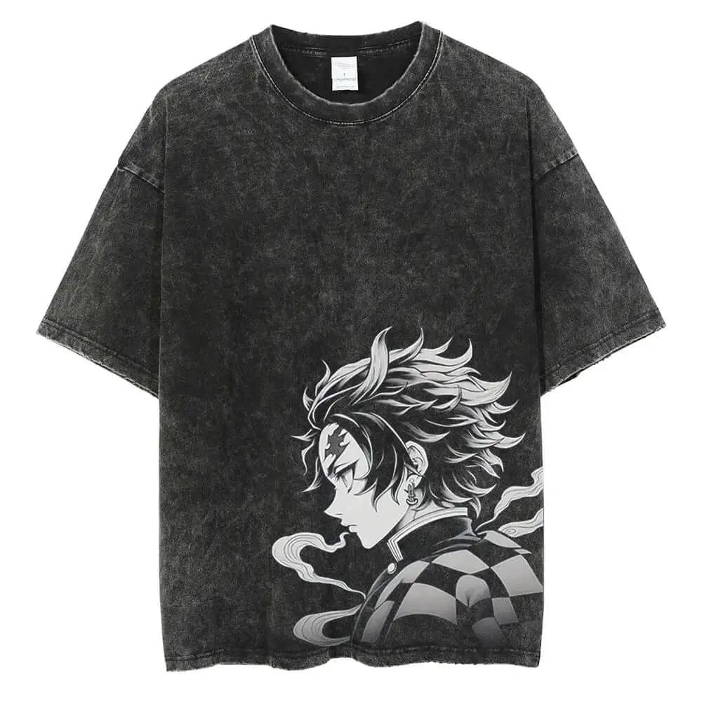 Black T-Shirt featuring Kamado Tanjirou graphic print from Demon Slayer, vintage style, by Infinite Visibility.