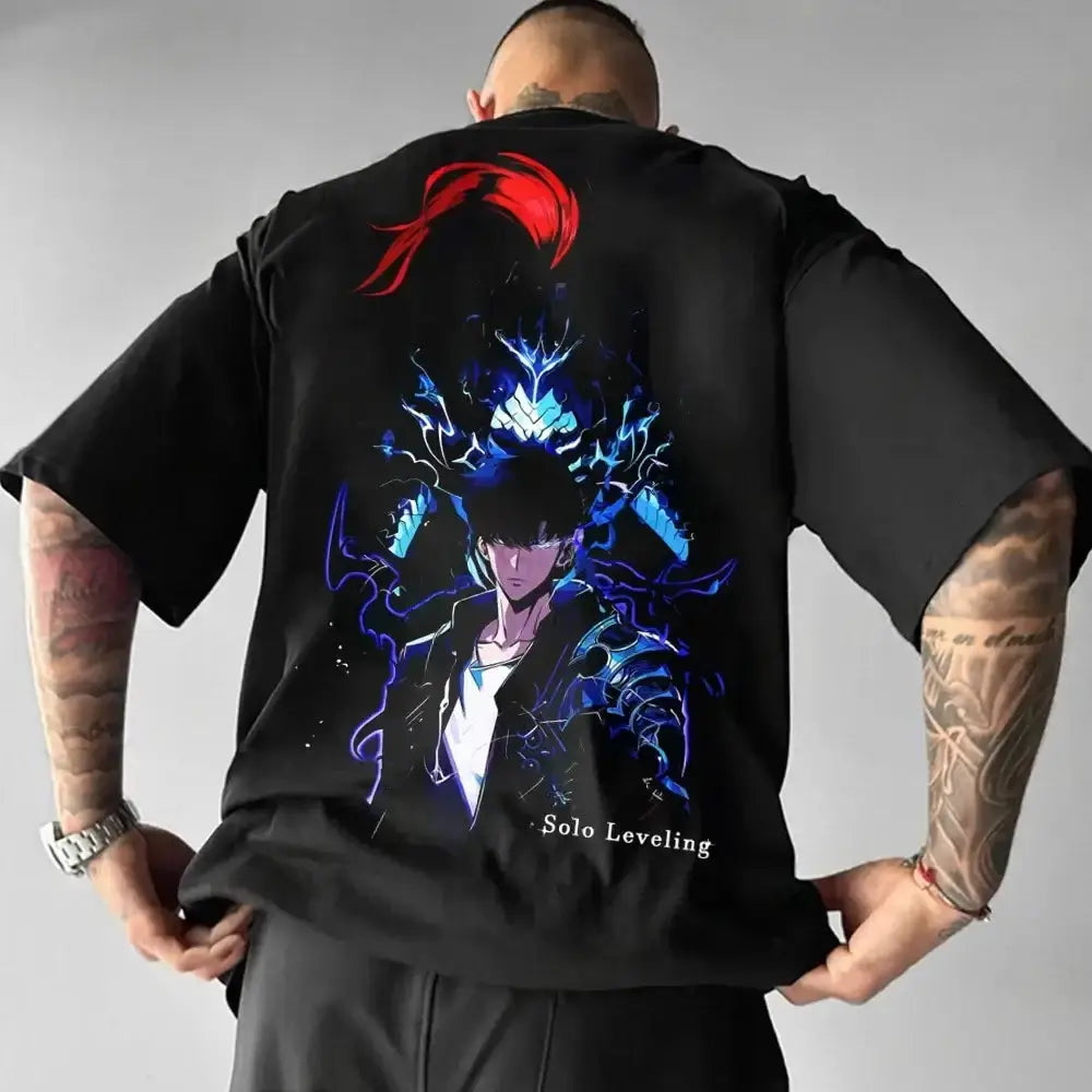 Infinite Visibility Solo Leveling T-Shirt featuring retro Y2K anime design on cotton top, showcasing vibrant artwork and branding.