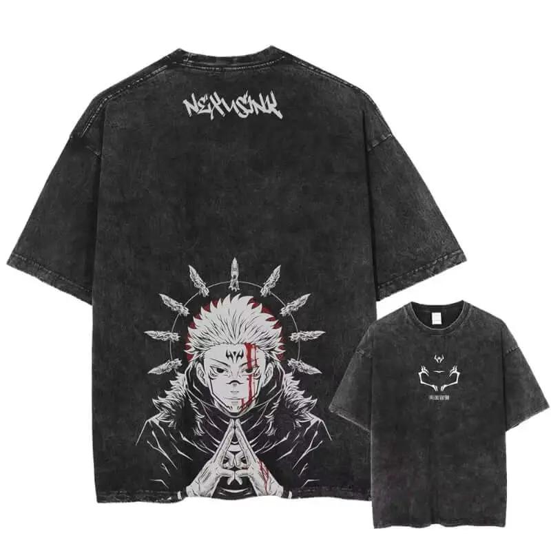 Ryomen Sukuna washed oversized anime T-shirt by Infinite Visibility featuring bold Harajuku-inspired design and graphic artwork.
