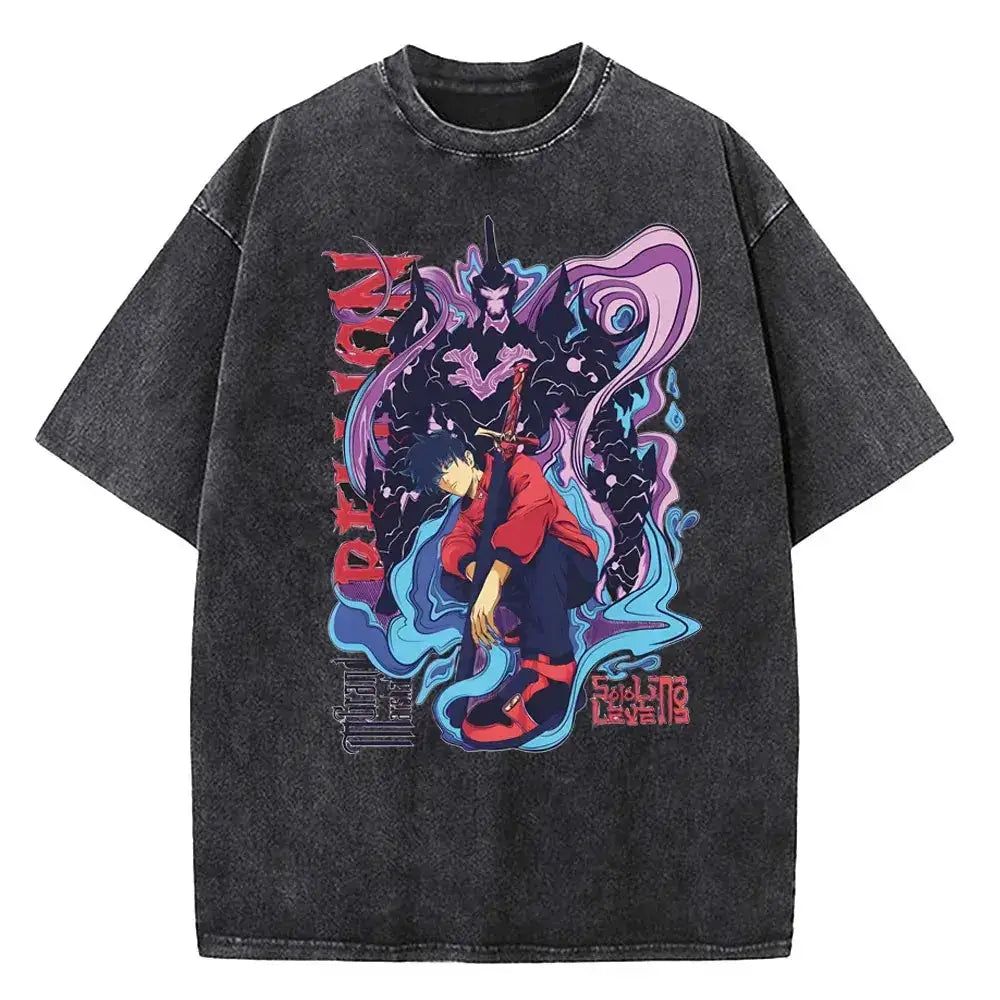 Infinite Visibility Solo Leveling vintage T-shirt featuring washed cotton streetwear, showcasing a stylish graphic design.