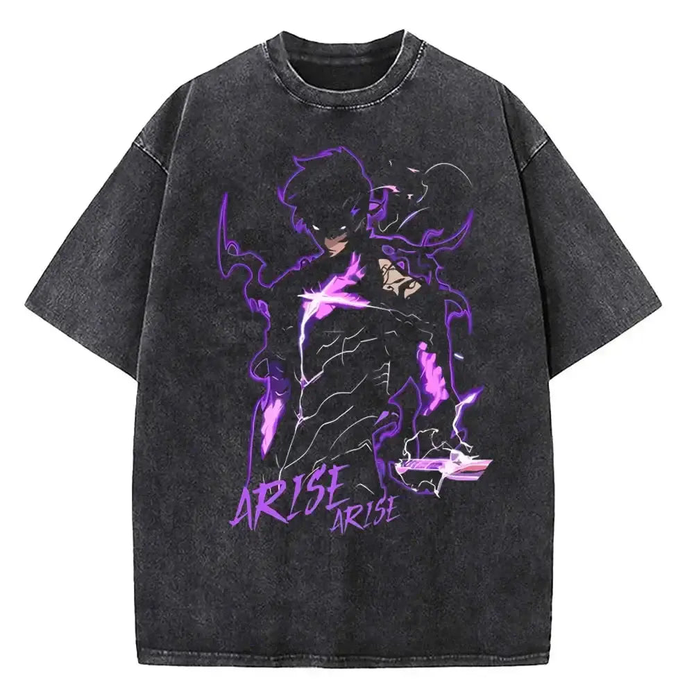 Infinite Visibility Solo Leveling vintage T-shirt made of washed cotton, featuring streetwear style and graphic design.