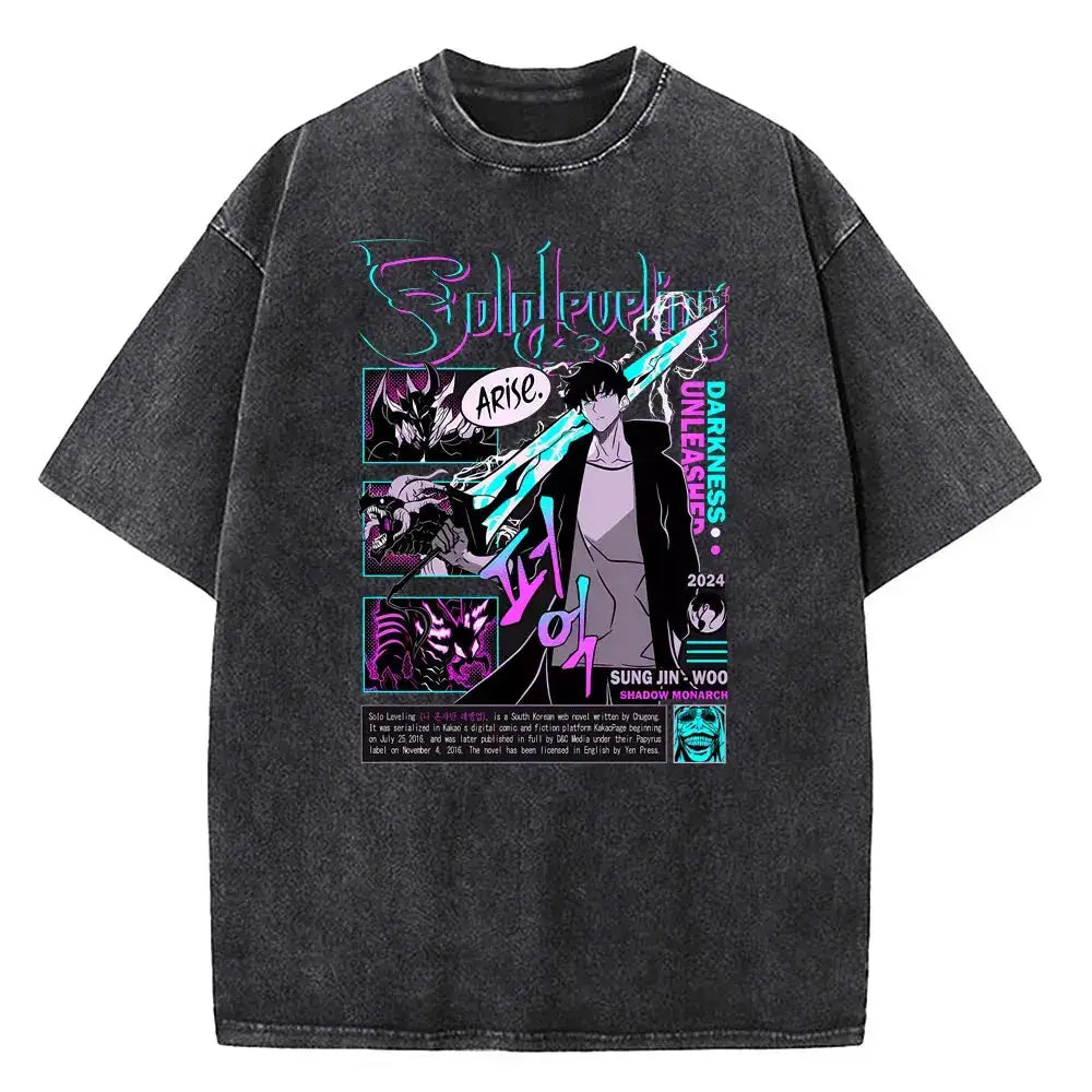 Vintage Solo Leveling T-shirt by Infinite Visibility, washed cotton streetwear with graphic design, casual and comfortable fit.