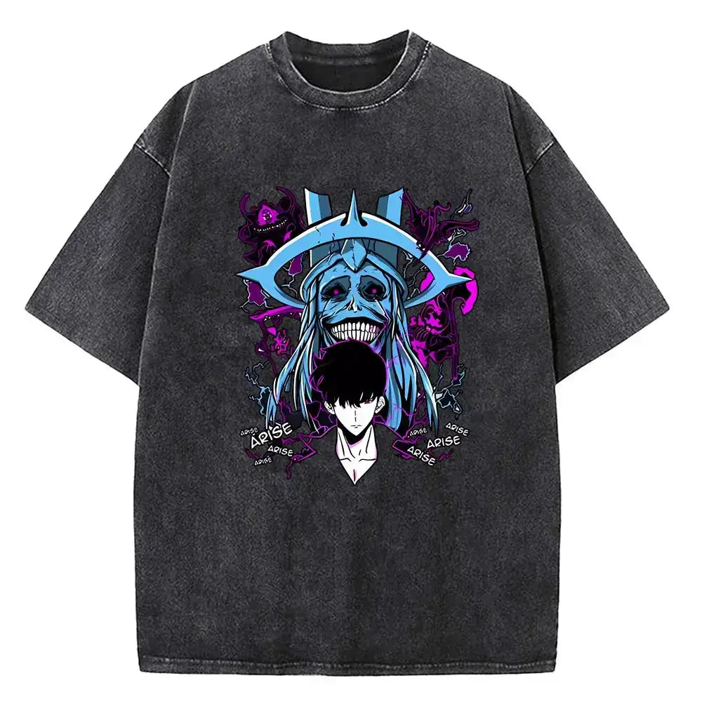 Infinite Visibility Solo Leveling vintage T-shirt made of washed cotton, featuring a stylish streetwear design.