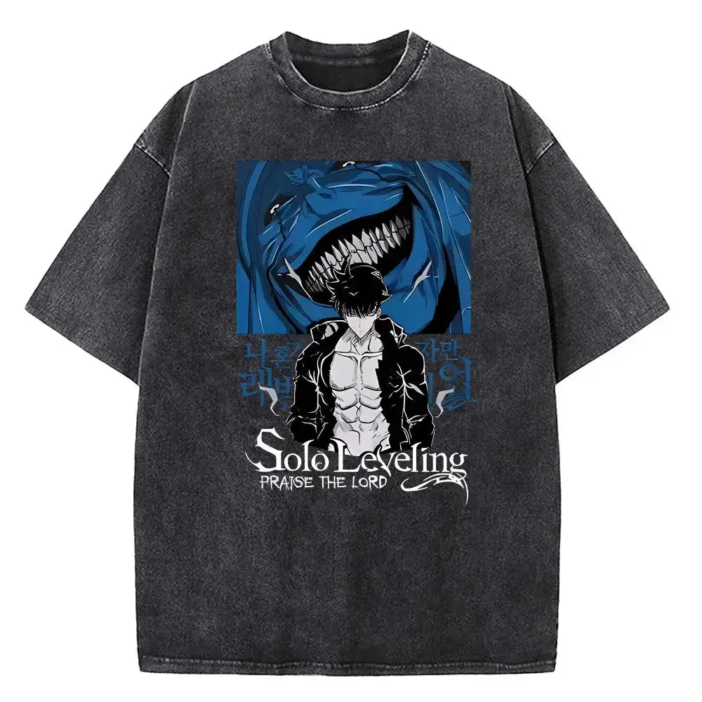 Vintage Solo Leveling T-shirt by Infinite Visibility, washed cotton streetwear with bold graphic print and comfortable fit.