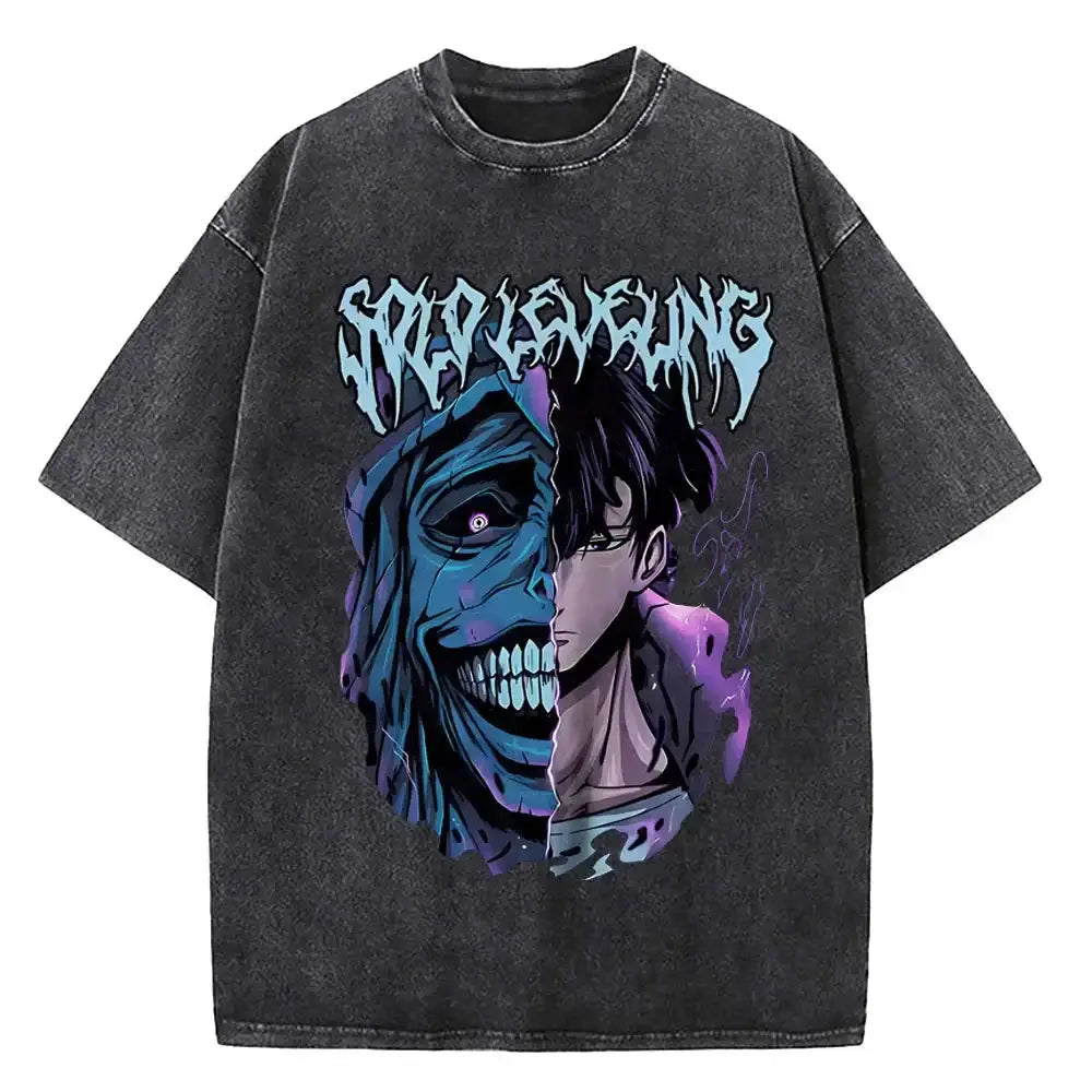 Vintage Solo Leveling T-shirt by Infinite Visibility, washed cotton streetwear with graphic design, front view on white background.