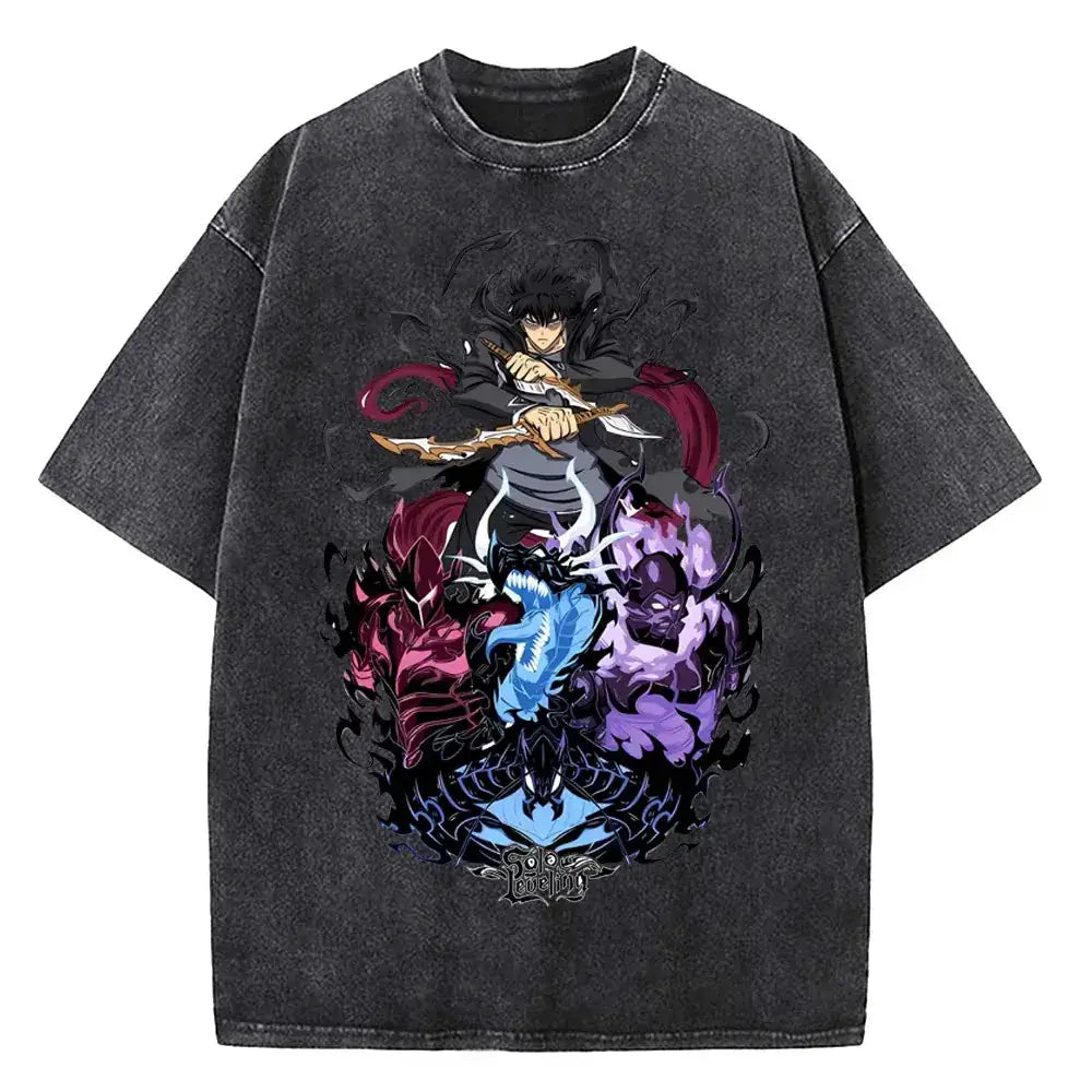 Vintage Solo Leveling T-shirt by Infinite Visibility featuring washed cotton streetwear style, showcasing a graphic design on the front.