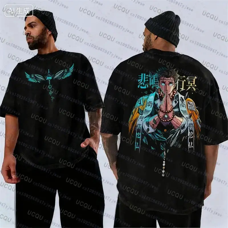 Vintage washed Gyomei Himejima Demon Slayer T-shirt by Infinite Visibility showing front graphic design and soft fabric texture.